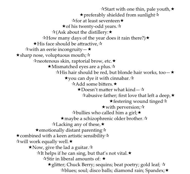 mooninabucket's tweet photo. ICYMI, my Bowie-inspired sci-fi micro, “How 🌟 to 🌟 Make 🌟 a 🌟 Ziggy 🌟 Stardust”, is in the latest Mythic Picnic. Screenshots below capture the original special formatting not amenable to tweeting, but I think both presentations are interesting in their own way … wdy think? https://t.co/sQXsLdDoPR