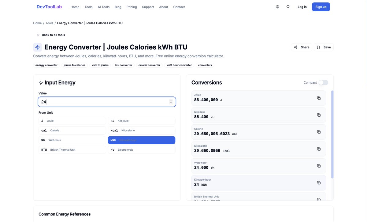 devtoollab's tweet photo. ⚡ Convert energy units instantly — no formulas needed.

Joules ⇄ kWh ⇄ Calories ⇄ BTU in one click.
Fast, accurate &amp; free ⚙️

Try it 👉 https://t.co/oQ0znAoSvL

#DevToolLab #WebTools #Engineering #STEM #Productivity https://t.co/8KlP0LUPaw