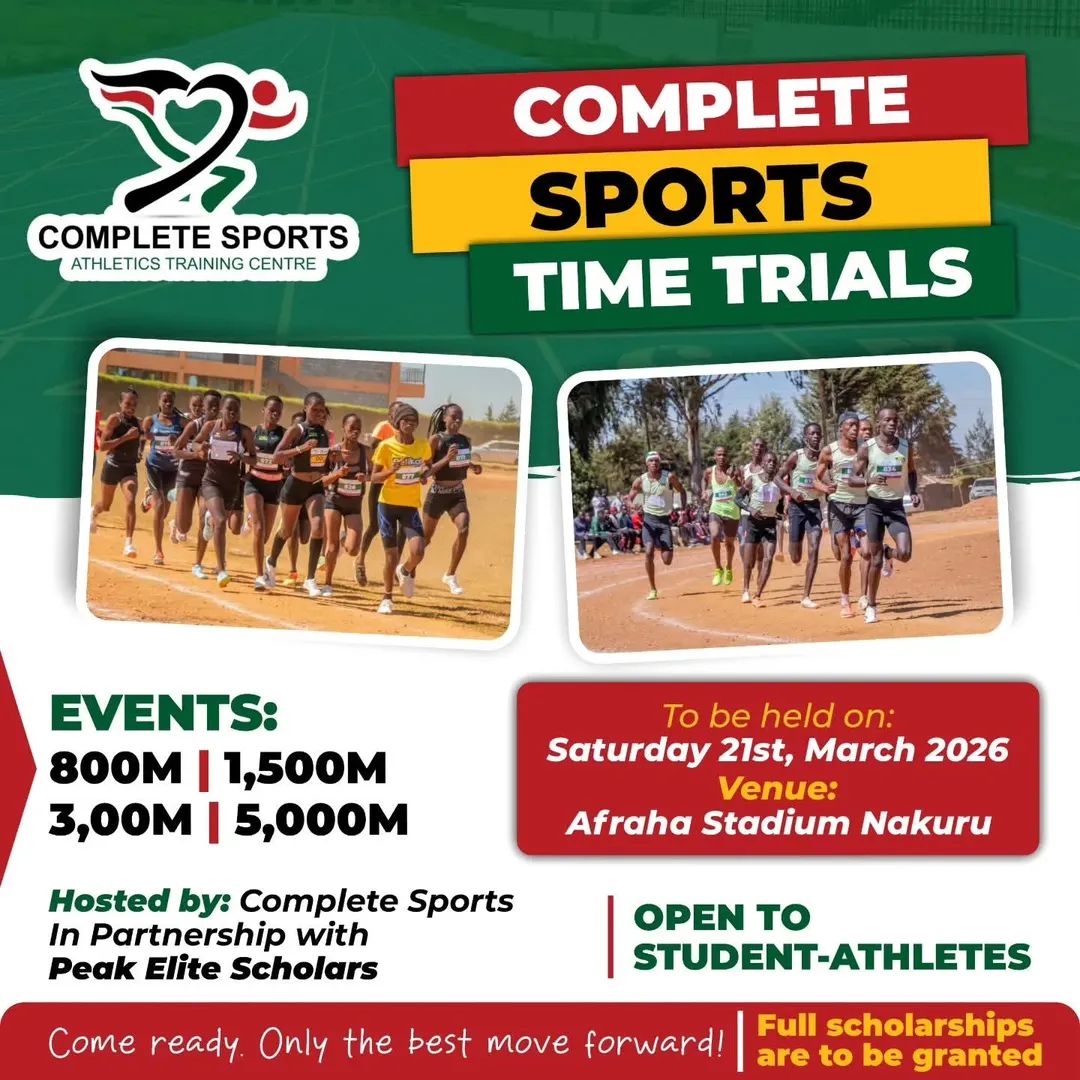 mukua_karimi's tweet photo. @Complete_Kenya TIME TRIALS, in partnership with @peakeliterunning
Date : 21st March 2026.
Time : 8.00 a.m.
Venue: Afraha Stadium, Nakuru County.
Welcome all.
#running #ScholarshipOpportunities #completesports https://t.co/J1mqH9OGcc