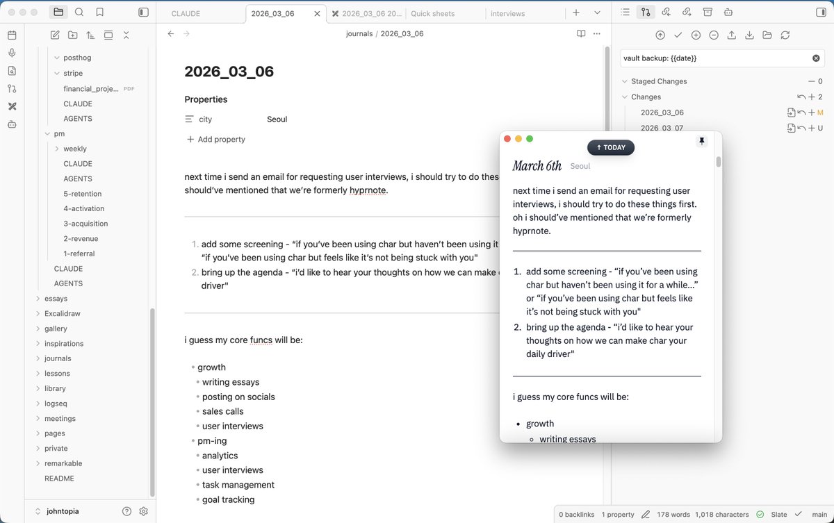 computeless's tweet photo. i love markdown because you can choose your own ui

i have a `journals` folder where i store my daily notes. i didn't like the way obsidian was showing it in tabs. so instead i was using logseq to interface the journals folder. it was great but i wanted to make the experience better. as a result, i made my own take on logseq.

having everything as files empowers you so much.