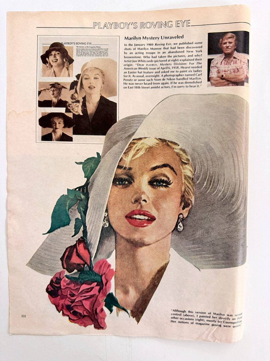 The_Record_Inst's tweet photo. Playboy published the "forgotten photos" trying to find the source.
The answer came from legendary illustrator Jon Whitcomb.
The photos were taken in 1958 for an Easter hat feature in The American Weekly.

Hearst needed the feature overnight. A photographer under the pseudonym "Carl Perutz" took the shots. Whitcomb then used them to paint the spectacular, idealized versions of Marilyn we see on these pages.

Whitcomb didn’t just paint her; he defined the mid-century American standard of glamour.
Look at the brushstrokes. The Cosmopolitan covers. The scene with Arthur Miller from The Misfits. This is high commercial art at its absolute peak
