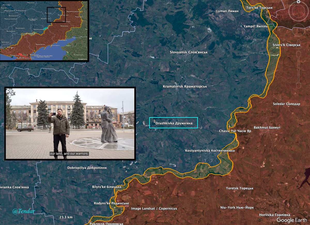 Ukrainian President made a surprise visit at the frontline, this time in Druzhivka. The city is one of the fortress cities in Donetsk region and the very heart of the free Donetsk region which Russians desperately have been trying to take for 4 years and now want to get for free.