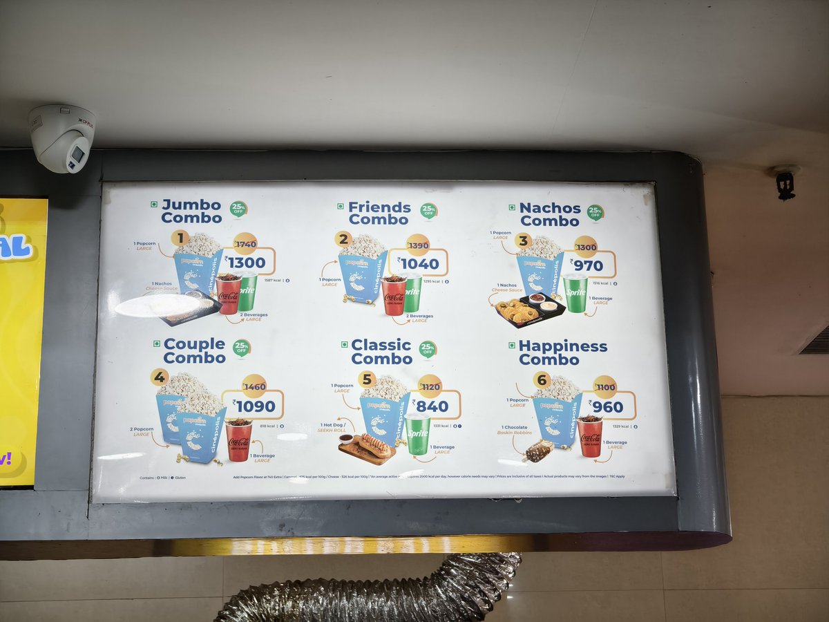 look at the prices of food at <a href="/IndiaCinepolis/">Cinépolis India</a> 

How much does their cost actually increase that they charge such a high price? This is clearly a loot. Their actual cost is hardly 10–15%, so how are they even allowed to charge such an inflated price? #Cinepolis #Movie