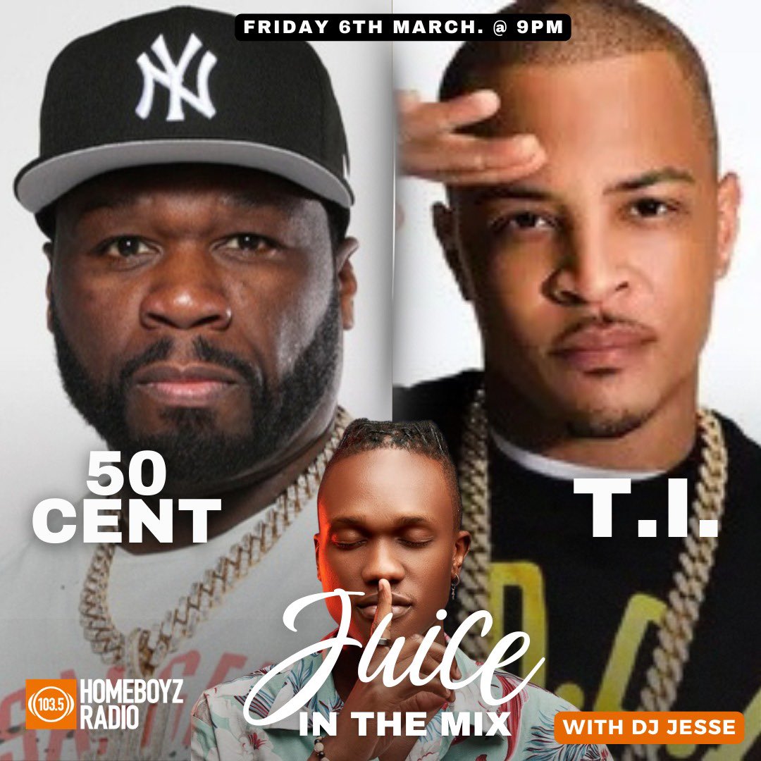 HomeboyzRadio's tweet photo. It’s a Hip-Hop takeover tonight! 🔥
50 Cent 🤝 T.I.
All the hits, all the vibes on Juice In The Mix with DJ Jesse on Homeboyz Radio at 9PM.
If you love real hip-hop, this one’s for you. Don’t miss it!
#TheEssentialFridayMix #TheJuiceinthemix #DJJesee https://t.co/aSVQQJyl0O