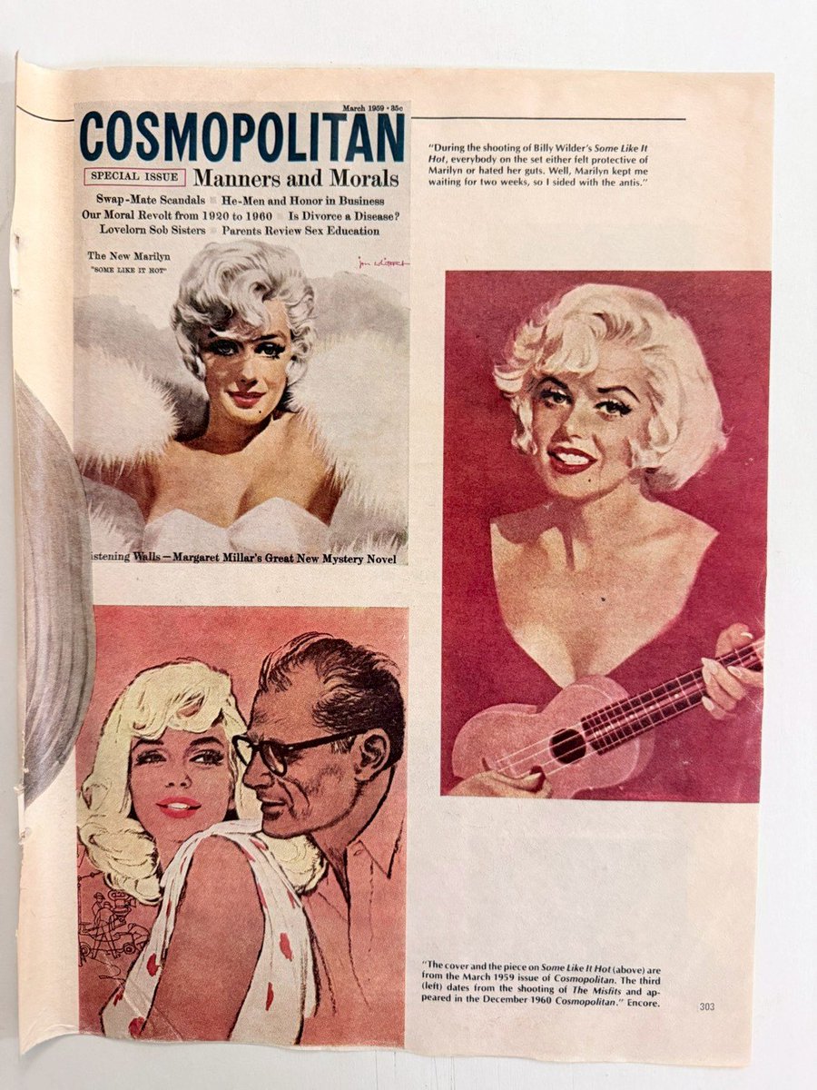 The_Record_Inst's tweet photo. Playboy published the "forgotten photos" trying to find the source.
The answer came from legendary illustrator Jon Whitcomb.
The photos were taken in 1958 for an Easter hat feature in The American Weekly.

Hearst needed the feature overnight. A photographer under the pseudonym "Carl Perutz" took the shots. Whitcomb then used them to paint the spectacular, idealized versions of Marilyn we see on these pages.

Whitcomb didn’t just paint her; he defined the mid-century American standard of glamour.
Look at the brushstrokes. The Cosmopolitan covers. The scene with Arthur Miller from The Misfits. This is high commercial art at its absolute peak