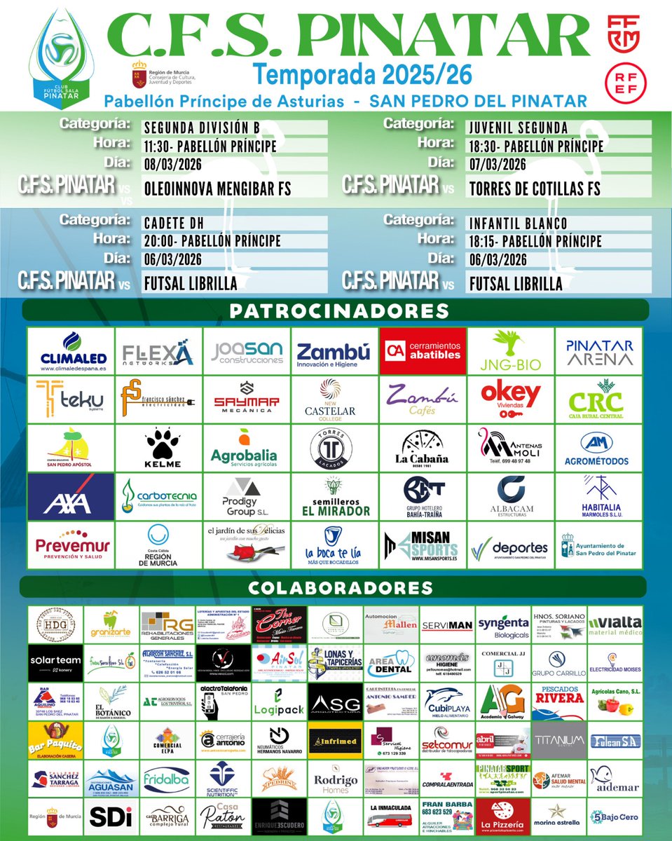 CFS_Pinatar's tweet image. 😉El fútbol sala del bueno no da respiro por San Pedro del Pinatar 

🖼️Estos son los encuentros que los equipos del club disputarán en casa durante los próximos días 

#GOPinatar #CFSFactory💙💚