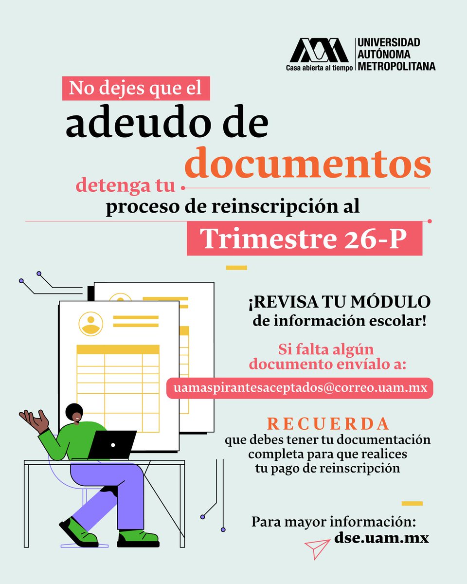 lauammx's tweet photo. ⚠️ ¡Que no se te pase!

Si tienes adeudo de documentos, podrías detener tu proceso de reinscripción al trimestre 26-P

📌 Revisa tu Módulo de Información Escolar y completa tu documentación.
🔗 Más info: https://t.co/a0kVjTQ7mx

#SoyUAM #SistemasEscolaresUAM
#UAMinforma #ReinscripciónUAM
