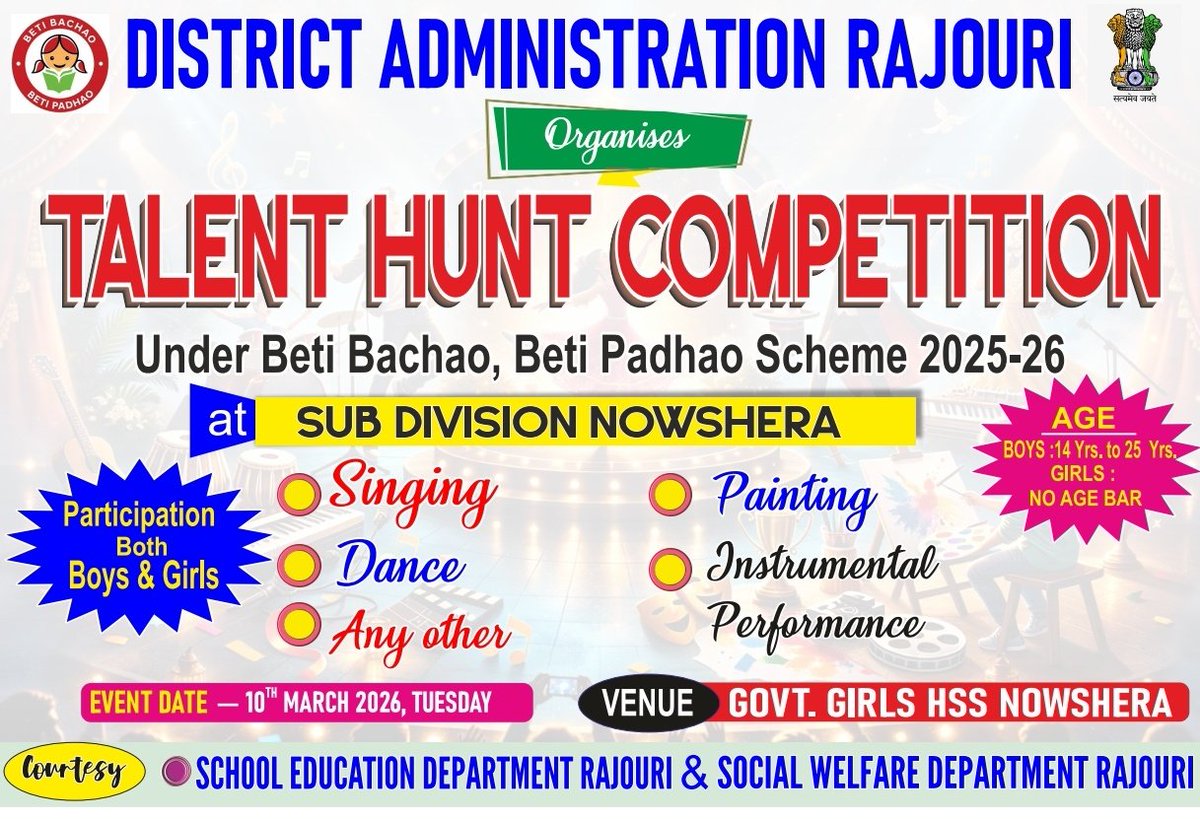 dmrajouri's tweet photo. Talent Hunt Competitions under Beti Bachao Beti Padhao shall be conducted on 10th March, 2026 at the Sub-Divisional level across District #Rajouri, providing a vibrant platform for girls to showcase their talent, creativity and confidence.
#BBBP #Rajouri

@diprjk @Abhi1shrma https://t.co/UutmK8pAHs