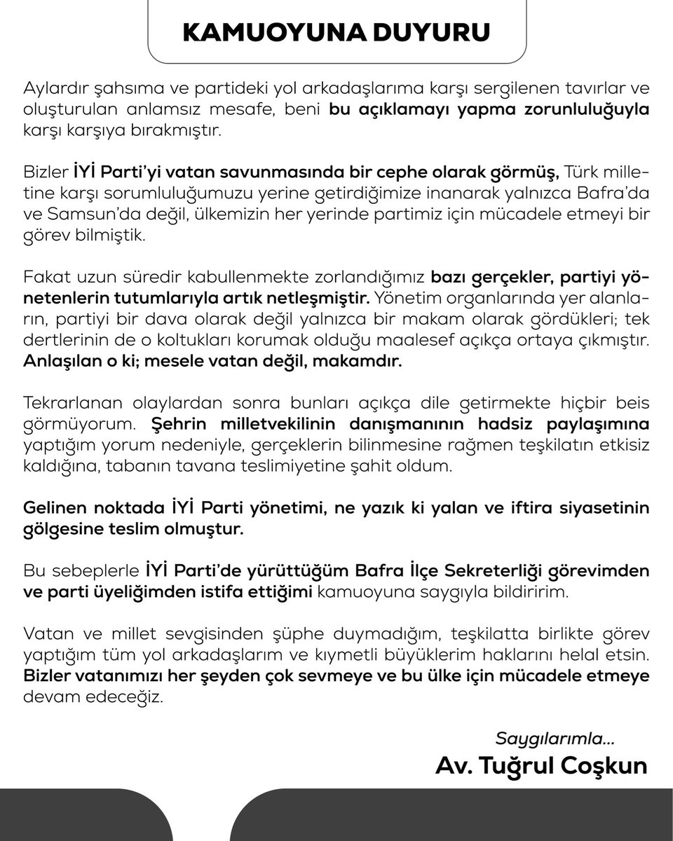tugrulcoskuntc's tweet photo. İYİ Parti'de yürüttüğüm Bafra İlçe Sekreterliği görevimden ve parti üyeliğimden istifa ettiğimi kamuoyuna saygıyla bildiririm. https://t.co/4CdqDVwc4s