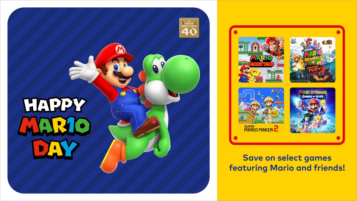 NintendoAmerica's tweet photo. The #MAR10Day Sale is here! Save on select games featuring Mario &amp; friends, now through 3/15 at 11:59pm PT. Let’s-a go! https://t.co/MWWyzhozJb https://t.co/Q2tzQM1Al3