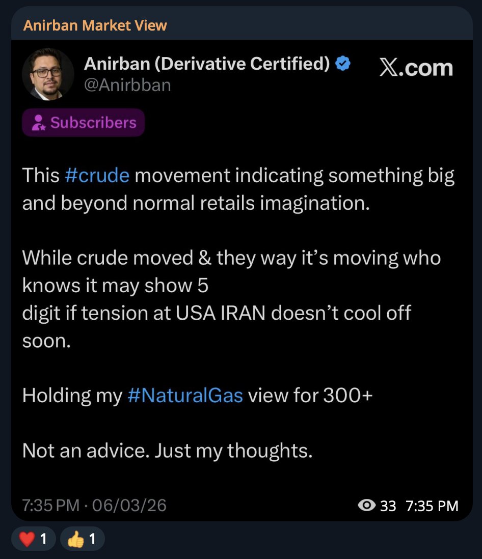 Anirbban's tweet photo. Those who read report in #XSub or #TelegramSub... must have got immense learning.
#NG 300 almost, #Crude 1500 point rally...
EXCELLENT OUTCOME..
Booked major gain & kept few which is cost free now.
For live view/update #XSub 🔥
⭐️ Action & Reaction⭐️
Not an advice.