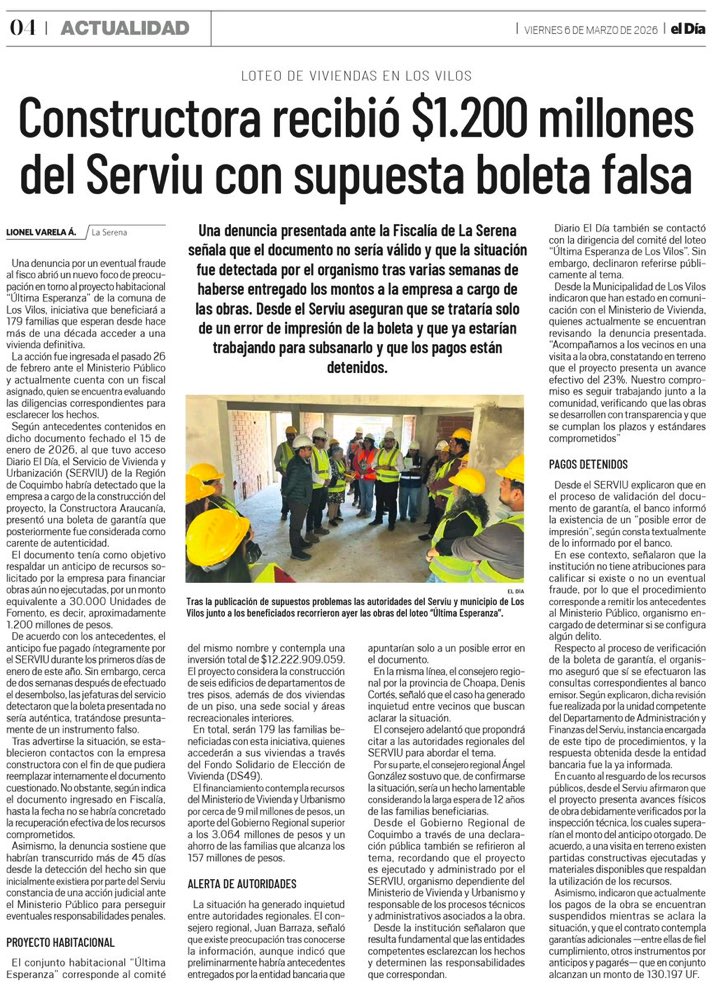 Constructora recibió, en loteo de viviendas en Los Vilos 1.200 millones de pesos -del Serviu- con factura más falsa que un billete de $250