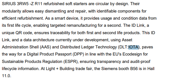 Siemens is using $IOTA

They just named IOTA in the data architecture for Digital Product Passports