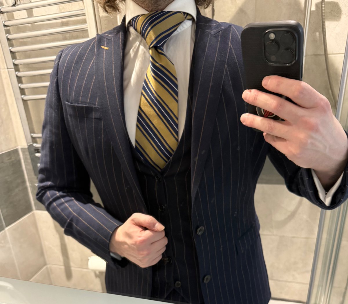 suitedservitude's tweet photo. I’m just trying to choose an outfit for the @londondappersociety suit fetish event tomorrow afternoon. I’m thinking option 1 as the white shirt breaks up the stripes. What do you reckon? #suit #tie #windsorknot #threepiece #whiteshirt #gay #bi #cruising #shirtandtie #hookup #cum https://t.co/QtJQSXCy0w