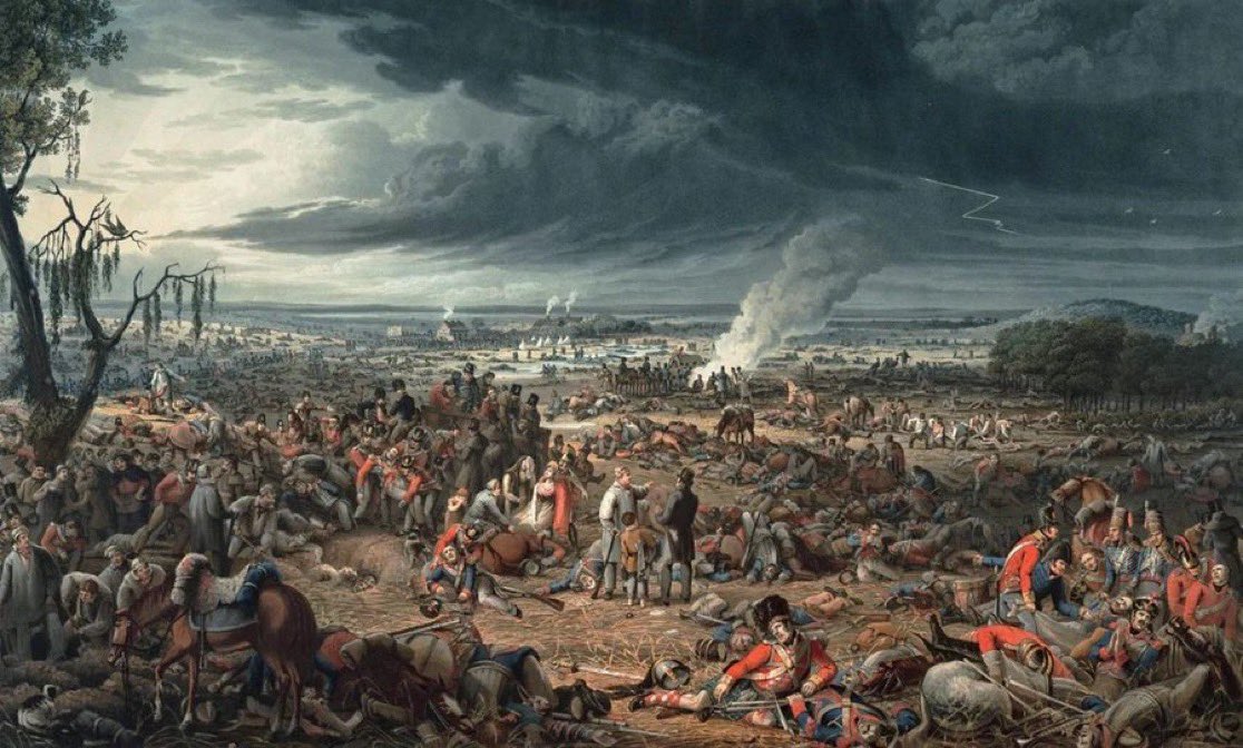 La mañana después de la Batalla de Waterloo, 1815. Los muertos, moribundos y heridos yacían en el campo de batalla. Unos 55.000 de ellos, repartidos en unos seis kilómetros cuadrados. El artista es John Heaviside Clark.
