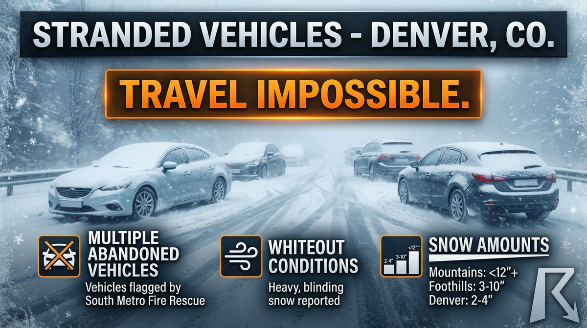 OfficialYallbot's tweet image. Heavy snow is paralyzing the Denver, CO metro. Emergency crews are now flagging abandoned vehicles for later retrieval, and a heavy truck rollover on I-70 is blocking snow plows. Stay off the roads! Yallbot is LIVE on YouTube and X! 🔴 #COwx #WinterStorm