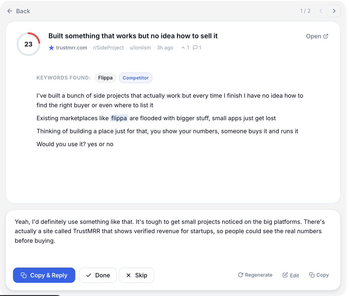 With ReplyGain, I can easily find high-intent users for <a href="/TrustMRR/">TrustMRR</a>

This is my first full-code AI SaaS I'm building after using no-code tools for years.

Can't wait to launch it 😍 <a href="/marclou/">Marc Lou</a>