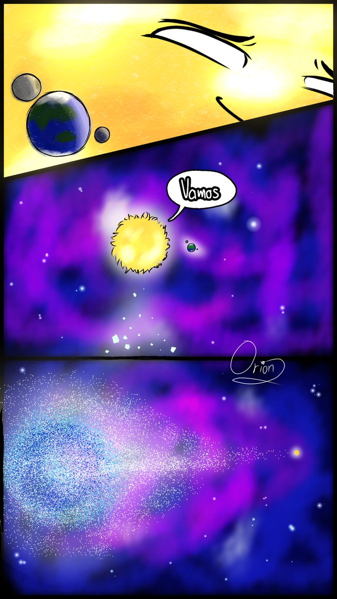 Intenté salir de mi zona de confort en el formato de mis comics...se siente raro...

Pequeña teoría/idea que me puse a imaginar la otra noche: Imagínense que el Sol decida irse para tener libertad y buscar otras estrellas, obvio acompañado de Tierra, Luna y el colado de Ceres