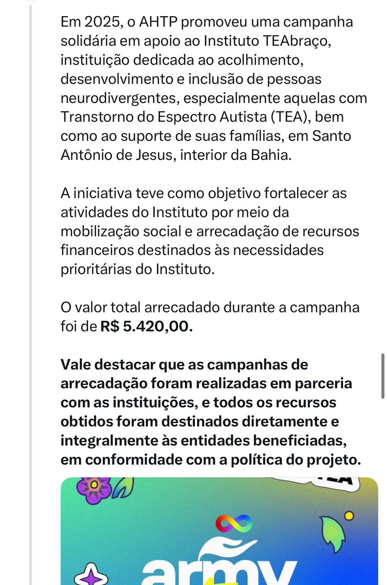 O army é conhecido por ser um dos fandoms mais engajados em projetos sociais e está em constante parcerias com instituições. Recomendo procurar saber mais sobre as doações no <a href="/ARMY_HTP/">Army Help The Planet</a> ao invés de tentar palpitar sobre algo que desconhece.
