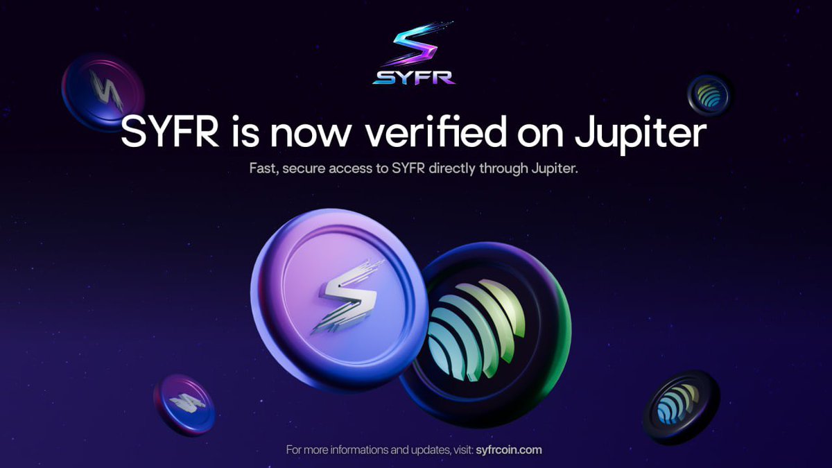 $SYFR AI is now verified on <a href="/JupiterExchange/">Jupiter</a> ✅

Fast. Secure. Seamless access directly through Jupiter.

The ecosystem keeps growing — and this is just the beginning.