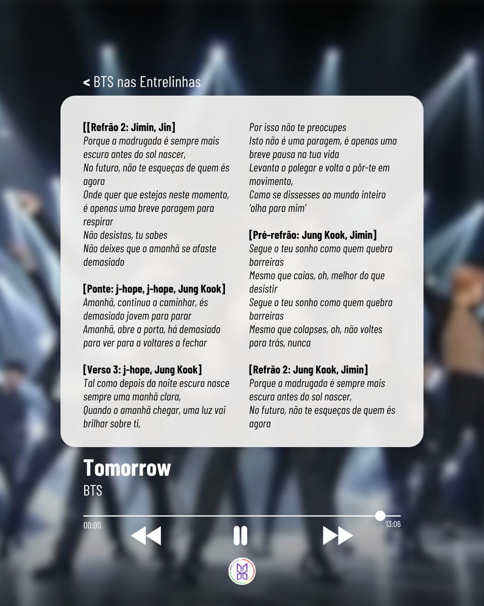 btsportugal's tweet image. [BTS NAS ENTRELINHAS] 📖
 
 🎶Música: Tomorrow
 🗓️Lançamento: 12/02/2014
 💿Álbum: Skool Luv Affair

Podes também consultar todas as músicas que já foram traduzidas no nosso site:
 🌐sites.google.com/view/bts-portu…

#Tomorrow #traduçõesbts #BTSPortugal #BTS #BTSARMY
cr.btsportugal
