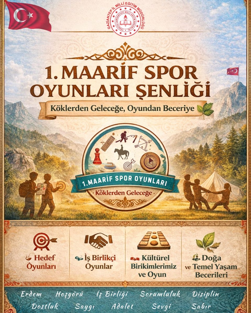 Gaziantep_MEM's tweet photo. 🏹 1. Maarif Spor Oyunları Şenliği Başlıyor!

Gaziantep İl Millî Eğitim Müdürlüğü tarafından başlatılan 1. Maarif Spor Oyunları Şenliği; Türkiye Yüzyılı Maarif Modeli doğrultusunda öğrencilerin oyun, spor ve doğa temelli etkinliklerle çok yönlü gelişimini desteklemeyi amaçlamaktadır.

Şenlik vesilesi ile öğrenciler;

🎯 hedef oyunları 
🤝 iş birlikçi oyunlar 
📚Kültürel birikim ve oyun 
🌿 doğa ve temel yaşam becerileri

temalarında gerçekleştirilecek etkinliklerle hem eğlenecek hem de becerilerini geliştireceklerdir.

✨ Köklerden Geleceğe, Oyundan Beceriye!

#SporŞehriGaziantep

@tcmeb @Yusuf__Tekin @gantepvaliligi @kemalcebervali @Dr_Onderarpaci