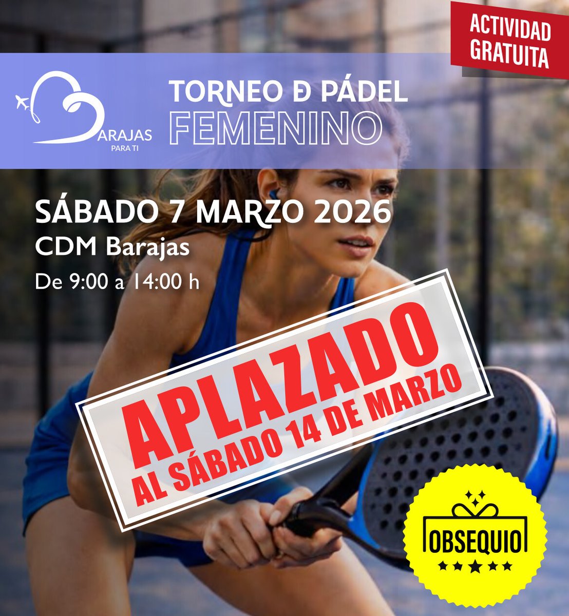 ‼ Aplazado el torneo de pádel femenino previsto para mañana, 7 de marzo, debido a las previsiones de lluvia

🗓 La nueva fecha será el sábado14 de marzo

🙏 Sentimos las molestias