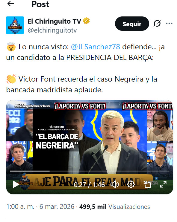 Zona_Blaugrana's tweet photo. Del "no es serio creer que se ayuda al Madrid" al "El Barça de Negreira", campañas más próximas a un candidato a la presidencia del Real Madrid, que a la del Barça. Discursos aplaudidos por la caverna, no podía ser de otra manera. Espero y deseo que Laporta gane las elecciones. https://t.co/BdHmMHl6iv