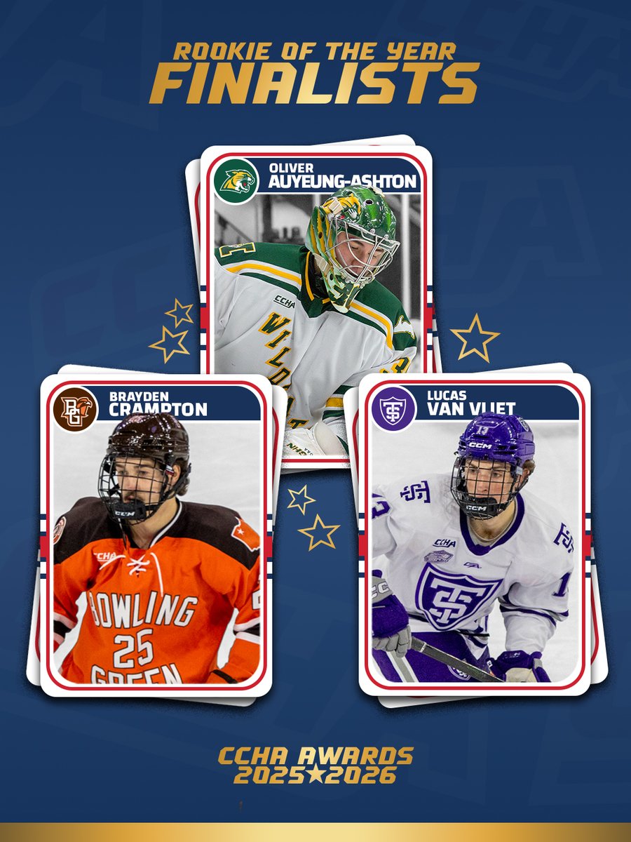 CCHAHockey's tweet photo. 🏅 Who will be the #CCHA Rookie of the Year? Here are the three Finalists!

#CCHAHockey | #CCHAHonors https://t.co/bVhEplHLr8