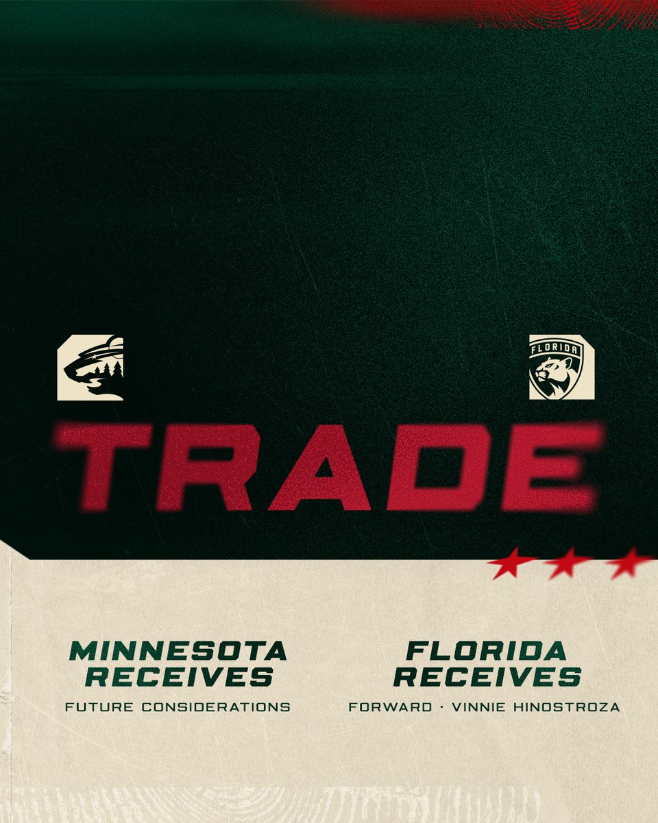 mnwild's tweet image. We have traded Vinnie Hinostroza to the Florida Panthers in exchange for future considerations.

📰 Full details » bit.ly/3MNZ03H