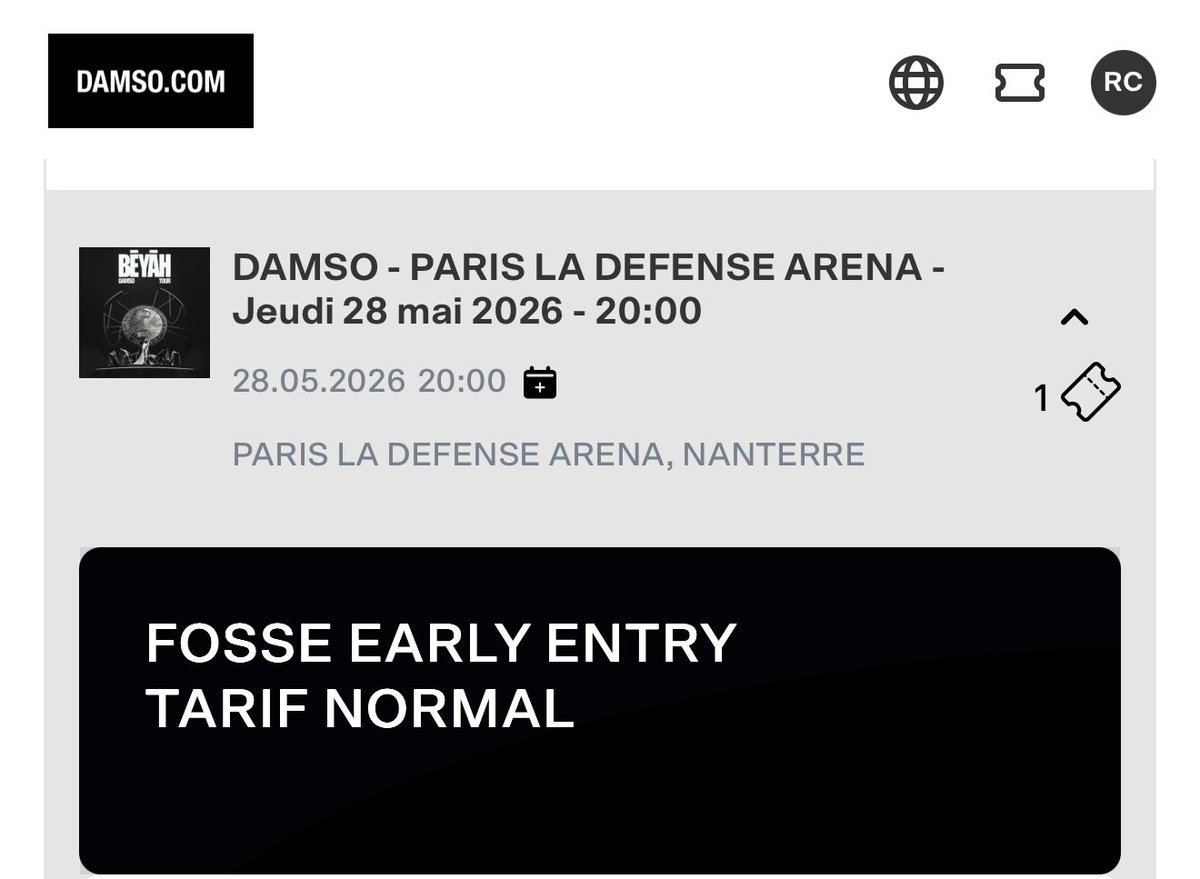 je vends une place en fosse early pour le concert de damso à Paris le 28 mai