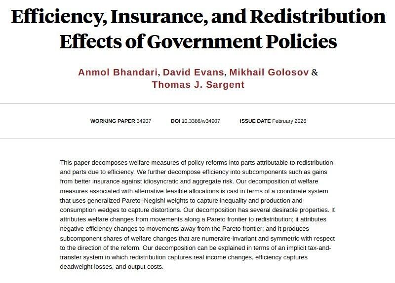 nberpubs's tweet photo. Decomposing welfare measures of policy reforms into parts attributable to redistribution and parts due to efficiency, from Anmol Bhandari, David Evans, Mikhail Golosov, and Thomas J. Sargent https://t.co/bBcbYQaWCY https://t.co/38ZaooSXRP