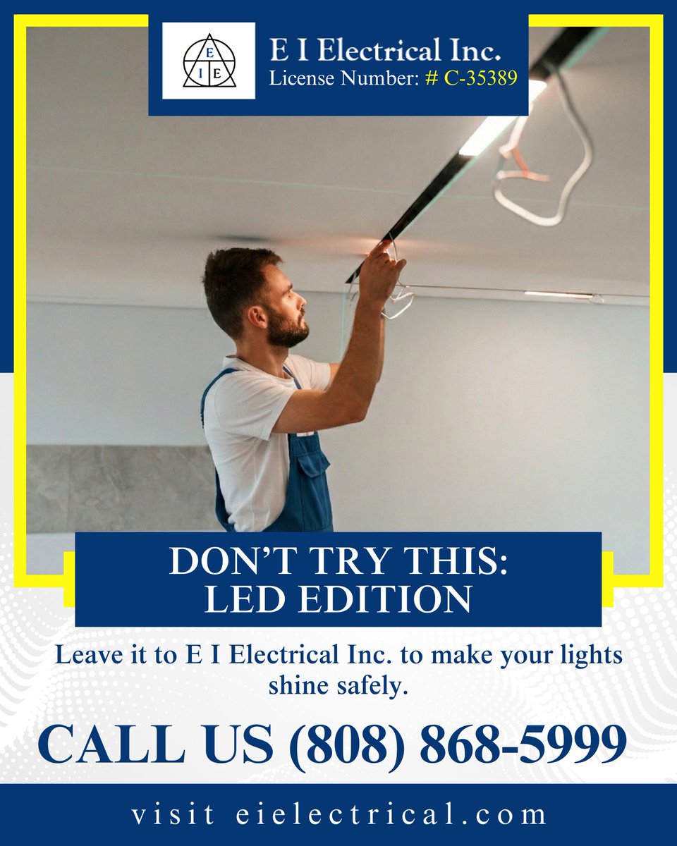 IElectrica55808's tweet image. Thinking about DIY LED lights? Don’t shock yourself. Let the pros handle your home LED lighting retrofit.

 📞 Call us at (808) 868-5999 or visit eielectrical.com 

License Number: # C-35389

#EIElectrical #HomeLED #SafeAndBright