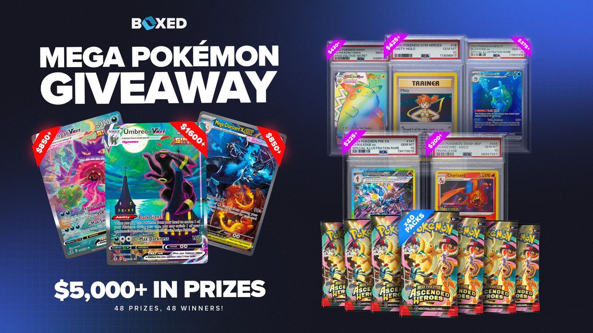 🎉 $5,000 GIVEAWAY 🎉

We’ve partnered with <a href="/BOXEDHQ/">BOXED.GG</a> to giveaway $5,000 in Pokémon cards!

How to enter:
✅ Follow me &amp; <a href="/BOXEDHQ/">BOXED.GG</a>
✅ Like + Repost

🎁 48 prizes • 48 winners
⏰ Winners announced March 16