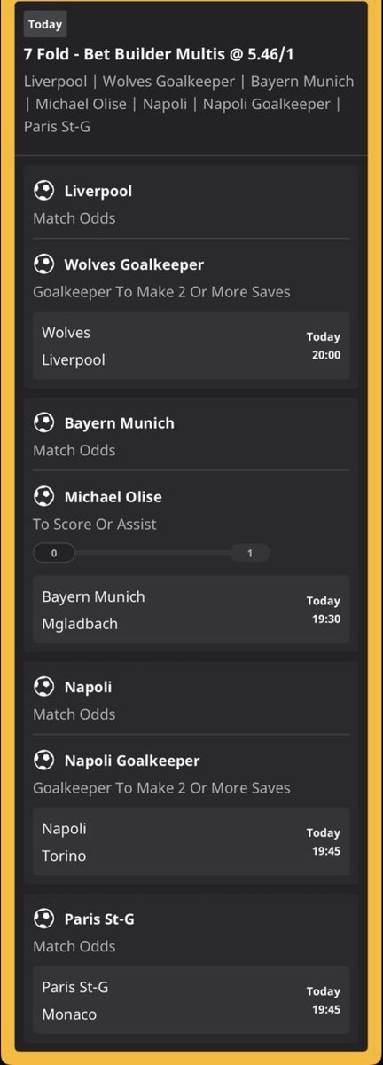 JustTheTipster_'s tweet photo. ⚽️ 5.5/1 ACCA ⚽️

🏴󠁧󠁢󠁥󠁮󠁧󠁿 Liverpool to win &amp; Wolves 2+ saves
🇩🇪 Bayern to win &amp; Olise goal or assist
🇮🇹 Napoli to win &amp; Napoli 2+ saves
🇫🇷 PSG to win

Let’s have a nice winner to get the weekend going

£20 returns £132 https://t.co/wuA6FWtZAI