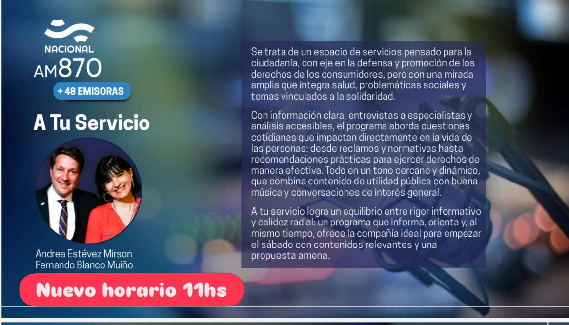 AtuServicio__'s tweet photo. Desde mañana NUEVO HORARIO!!!!! estaremos de 11 a 13hs en @NacionalAM870 !!!!!!!! https://t.co/GdtJs57XD4