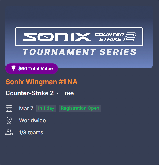 crazlik's tweet photo. WINGMAN TOURNAMENT TOMORROW

7pm EST - BO3 - Single Elim

$$$ Prizes - FREE ENTRY
@sonixarena 

DM ME TO SIGN UP!! https://t.co/L9qS5IrcSk