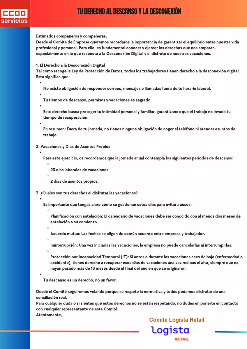 SLogista's tweet photo. Tú derecho al descanso y a la desconexión.
#Logista #LogistaRetail #GrupoLogista #Ibex35 #CCOOMadrid #CCOO #Leganes #CCOOServicios https://t.co/HYWkZXXote