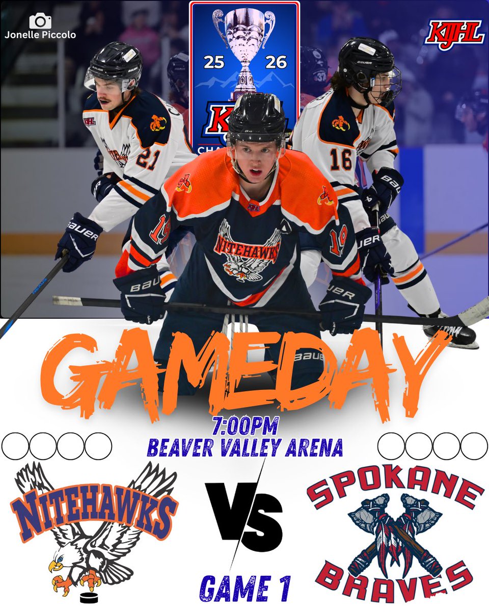 🚨NITEHAWKS GAMEDAY🚨

It’s playoff time in Beaver Valley!! It’s Game 1 of the Neil Murdoch Division Semi-Finals as we host the Spokane Braves! 

Let’s bring the noise Hawks fans! This is Nitehawk County! 

📍BV Arena
🆚 @SpokaneBraves 
⏰ 7:00PM
📺 FloHockey
#Nitehawks #KIJHL