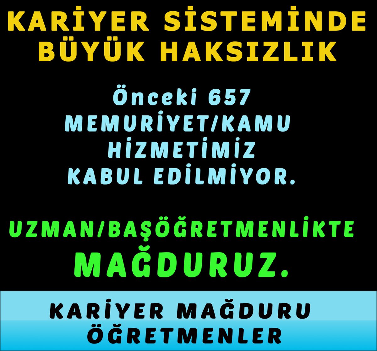 <a href="/Huzeyfe22/">Burhan Bulut</a> <a href="/MHP_Bilgi/">MHP</a> Yıllarca emek verdik, gece gündüz çalıştık.
Ama hâlâ adaletsiz bir kariyer sistemiyle karşı karşıyayız.
Talep ediyoruz:
Uzmanlık 5 yıla
Başöğretmenlik 10 yıla
Geçmiş memuriyet hizmetimiz tanınsın!
<a href="/HurEgitimSen/">Hürriyetçi Eğitim Sen Genel Merkezi</a> 
<a href="/turkegitimsen/">Türk Eğitim Sen</a> 
<a href="/EgitimBirSen/">Eğitim-Bir-Sen</a>