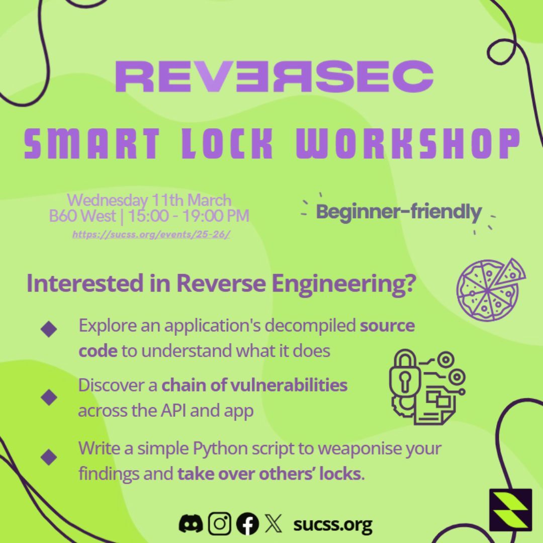 Reversec Workshop

Prerequisites : 
⚠️ For this session, you will need a Kali virtual machine on your laptop. If you don't have one, see sucss.org/docs/kali-vm/ or you can work in a team.

No need to sign up, just turn up on time.

🍕 FREE Pizza!