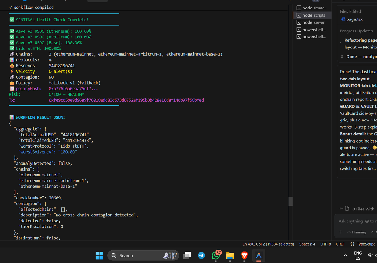alright let's talk about SENTINAL 

built a system that watches $4.42B in real DeFi money across 3 chains every 60 seconds. aave v3 on ethereum, arbitrum, base + lido stETH — all reading live mainnet data, not mocked garbage

if utilization spikes too fast, multiple chains go