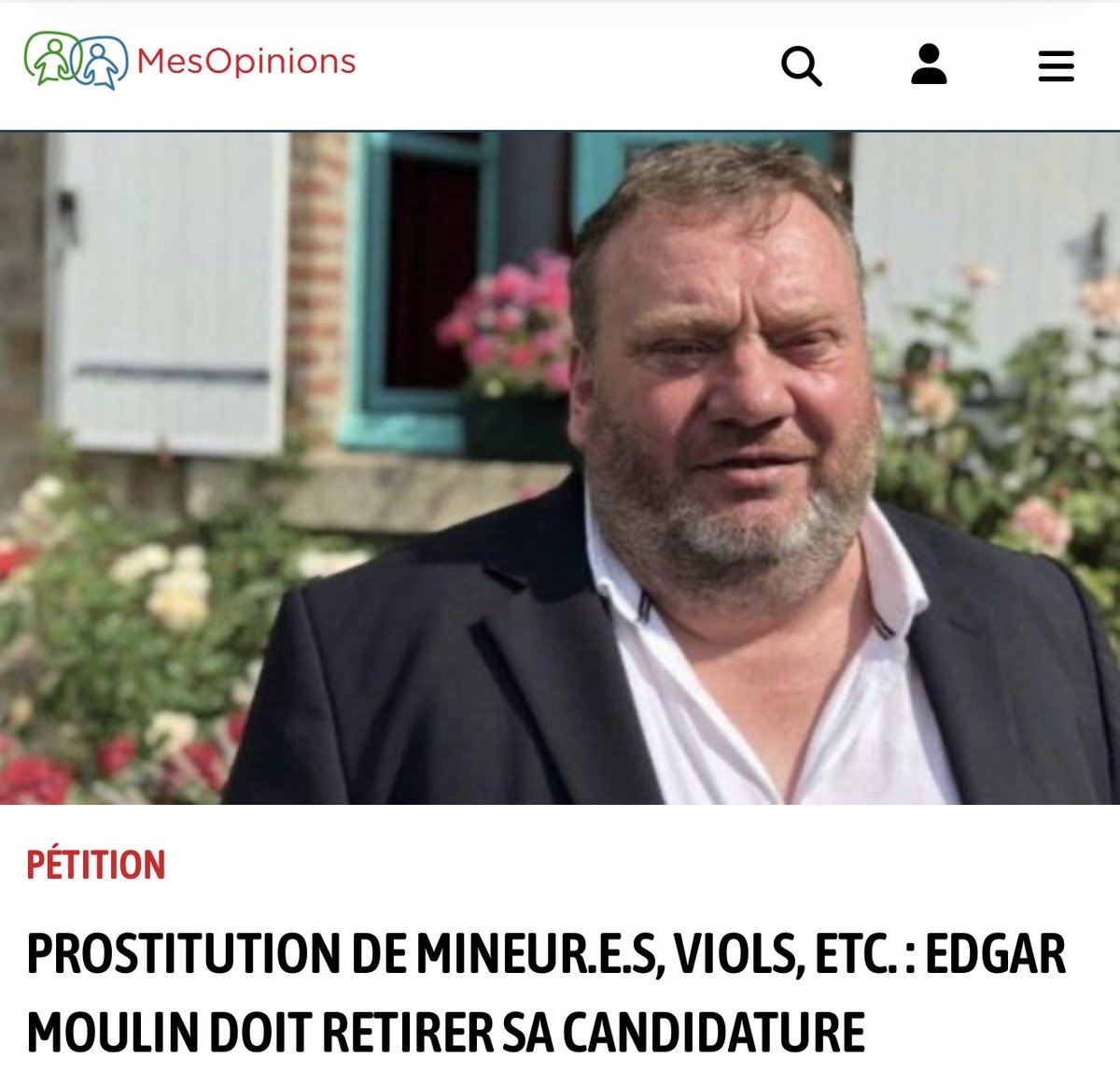 arnaud_gallais's tweet photo. 📌 À Saint-Élier-les-Bois (Orne), une situation grave et profondément choquante se déroule sous nos yeux.

Le maire sortant, Edgar Moulin, a choisi de se représenter aux élections municipales malgré une mise en examen pour des faits d’une extrême gravité 

•viol sur une personne se livrant à la prostitution,
•proxénétisme aggravé,
•recours habituel à la prostitution de mineurs,
•détention d’armes à feu.

Dans le cadre de cette affaire, Edgar Moulin a été incarcéré plusieurs mois en détention provisoire

⚠️ Malgré ces éléments extrêmement lourds, il a décidé de briguer à nouveau la fonction de maire ‼️ 

Nous demandons clairement et fermement : le retrait immédiat d’Edgar Moulin de la course aux municipales.

Nous appelons également l’ensemble des responsables politiques, des élus locaux et des citoyens à affirmer que l’exemplarité des responsables publics n’est pas négociable.

✍️ Signez et partagez notre pétition @MouvEnfants par ici 👉 https://t.co/I6kMLC7EWN

#Municipales #Municipales2026