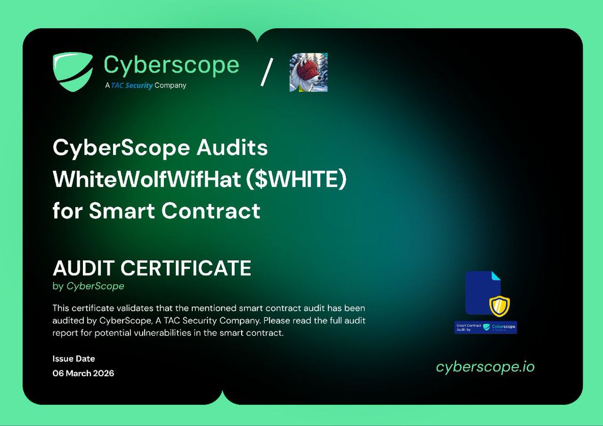 Official Announcement
The WhiteWolfWifHat smart contract has successfully passed an audit by Cyberscope.
Security and transparency are top priorities for the project, and completing this audit is an important step as we move closer to the presale launch.
With the foundation being