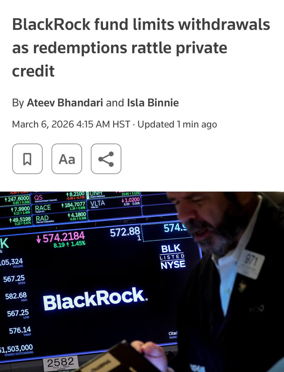 Private Credit:

BlackRock limits withdrawals from it’s private credit fund. 

Welcome to the roach motel. You can check in but you can’t check out.