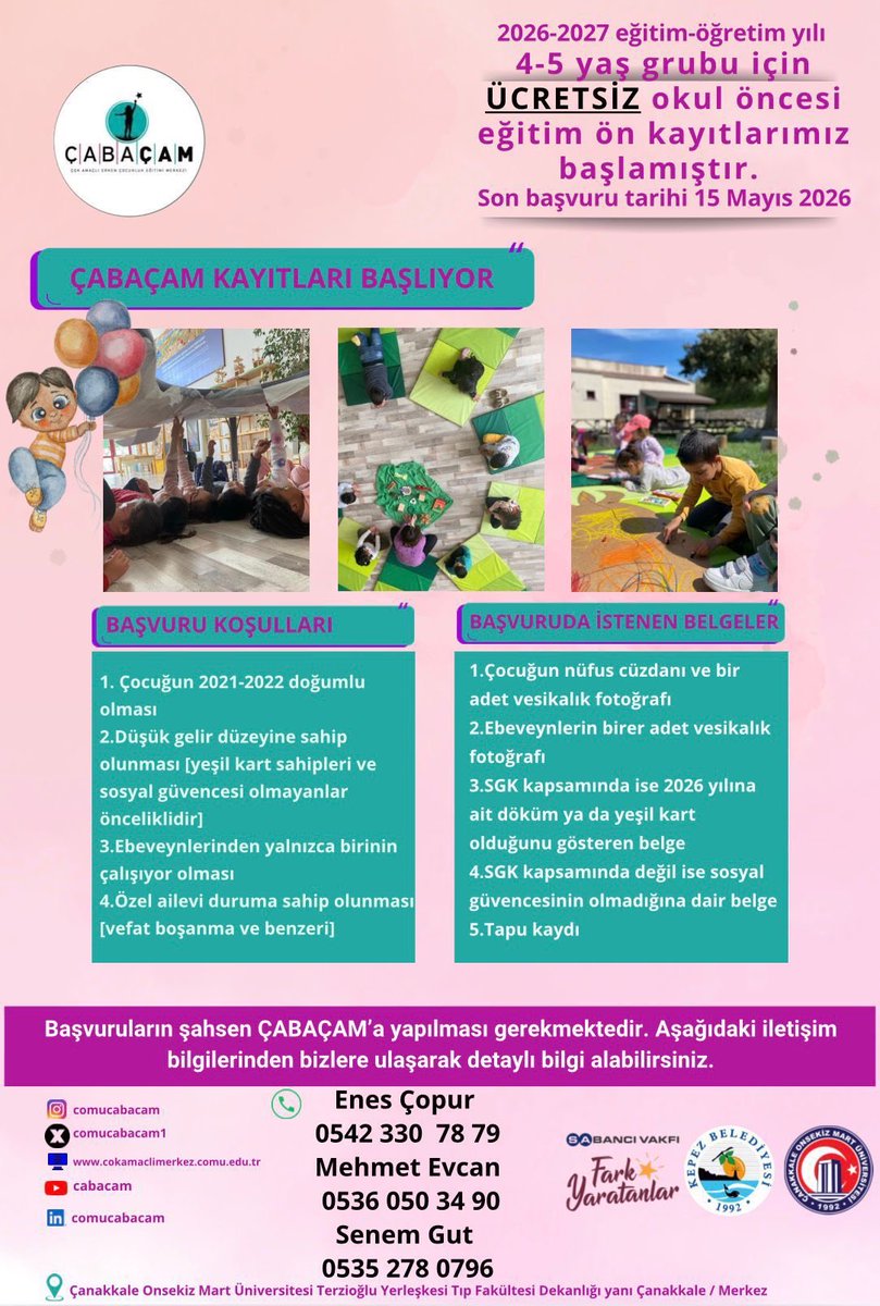 comucabacam1's tweet photo. 2026–2027 Eğitim Öğretim Yılı
4–5 yaş grubu için ÜCRETSİZ okul öncesi eğitim ön kayıtlarımız başlamıştır.

📌 Son başvuru: 15 Mayıs 2026
📌 Başvurular şahsen ÇABAÇAM’a yapılmaktadır.

Detaylı bilgi için afişi inceleyebilir veya bizimle iletişime geçebilirsiniz.

@ebruaktan_acar https://t.co/vlXNCIOMSn