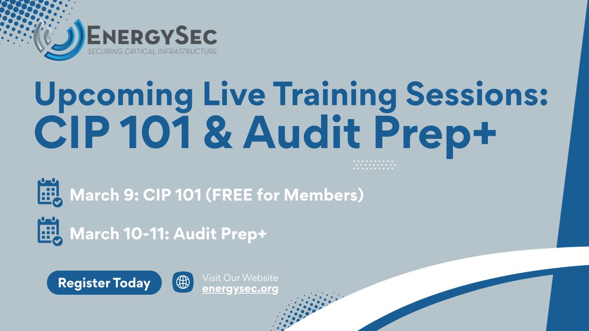 ⚡ Last chance to join next week’s EnergySec training

🎓 CIP 101 – Monday (FREE for members)
Start with the fundamentals of NERC CIP.

🛡️ Audit Prep+ – Tuesday &amp; Wednesday
Learn how to successfully prepare for and manage CIP audits.

Live online | Instructor-led | Energy sector