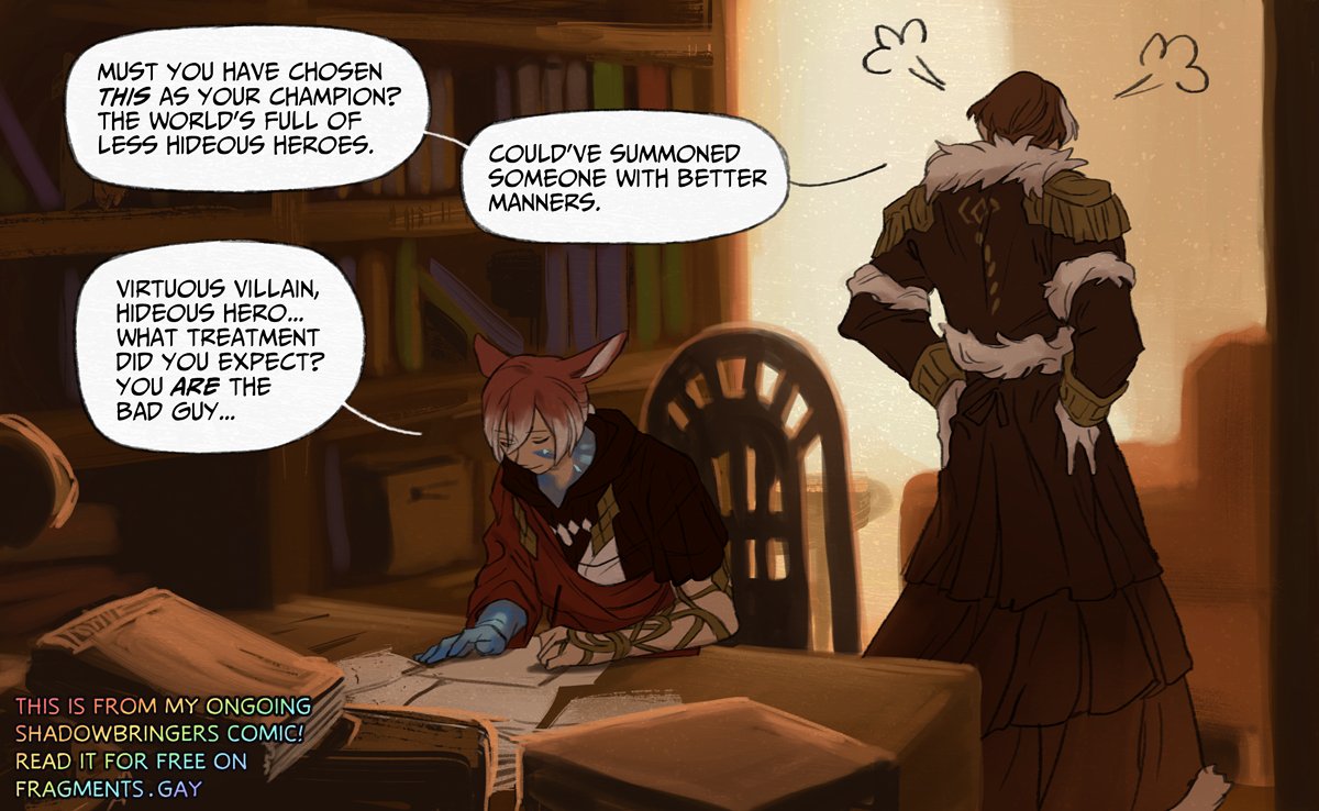 ffxiv_fragments's tweet photo. memes are the only way to catch new eyes these days. yes hello did you know that i have a SHADOWBRINGERS COMIC
- ♂️wolgraha, wolemet, unresolved exselch 
- ongoing with 700+ pages 
- angst with tasteful humor and eventual happy ending 
- for sad gay people with big brains https://t.co/cCxt7MgsL4