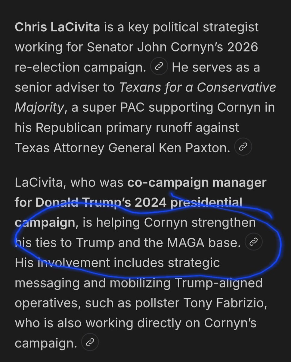 <a href="/RaheemKassam/">Raheem J. Kassam</a> Chris LaCivita is who I think is encouraging the Cornyn endorsement. He was involved with Trump's campaign as well.