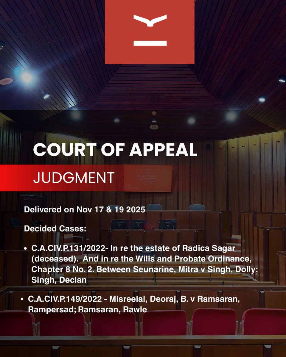 TTJudiciary's tweet photo. Court of Appeal Judgments.

Decided Cases:

* C.A.CIV.P.131/2022

* C.A.CIV.P.149/2022

Access Judgments here: https://t.co/R9bX5TKJHQ

#JudiciaryTT #CourtofAppeal #Judgments https://t.co/CzGGlb7TI6